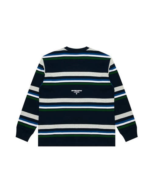 限定値下、APE.紺白ボーダー·ロゴ·長袖ロングTシャツ.メンズL、クルーネック AAPE BY A BATHING APE（エーエイプバイアベイシングエイプ） tシャツ