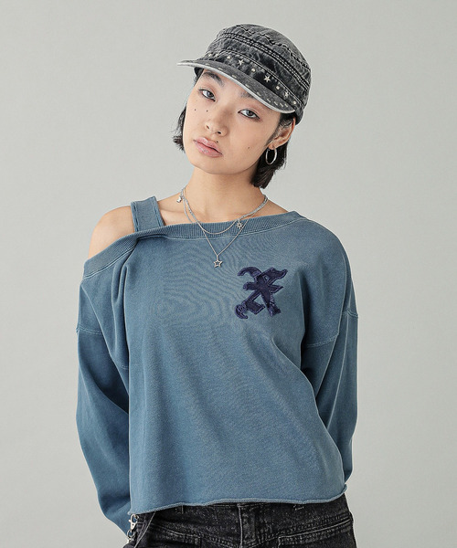 トレーナー スウェット FADED X PATCH LAYERED SHOULDER SWEAT TOP レディース