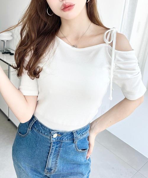 moment+ tシャツ 半袖 ワンショルダーギャザー半袖カットソー 