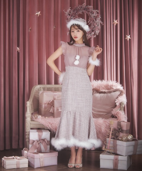 ピンク サンタ風コスチューム ツイード 即日発送!【サンタコス 5点セット】【S-Lサイズ/3カラー】ツイード