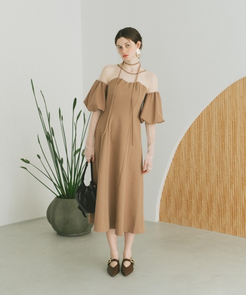 VANNIE U ドレス シアードッキングパフスリーブドレス/アームカバー