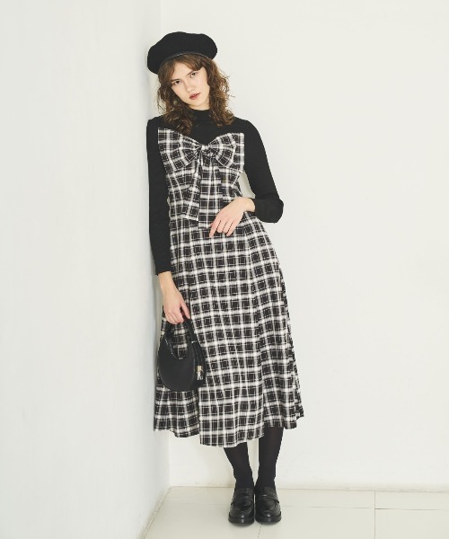 美品　アンドクチュール　花柄ワンピース　リボン AND COUTURE（アンドクチュール） ワンピース チェックリボン切替