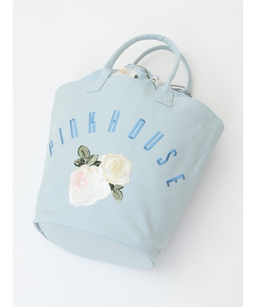 PINKHOUSE ピンクハウス　刺繍 レザー持ち手トートバッグ　ハンドバッグ PINK HOUSE トートバッグ ホワイトローズ刺繍バッグ レディース