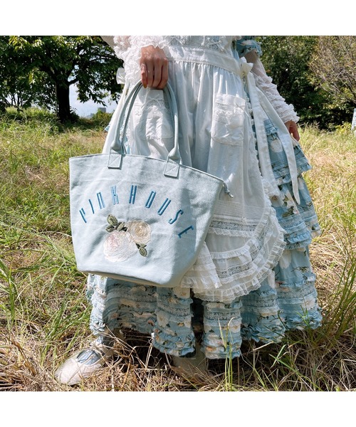 PINK HOUSE トートバッグ ホワイトローズ刺繍バッグ レディース