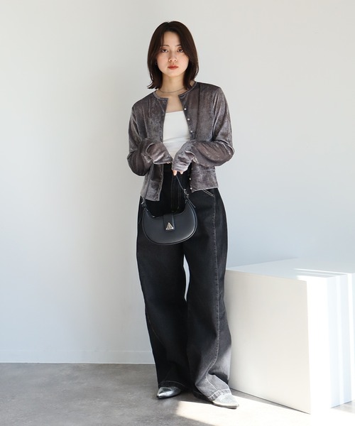 moussy シアーベロアカーディガン　グレー シアー ベロア メニー ボタン カーディガン