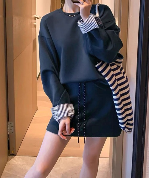 トレーナー スウェット 2点セット 袖口レイヤード風トップス＆ミニ