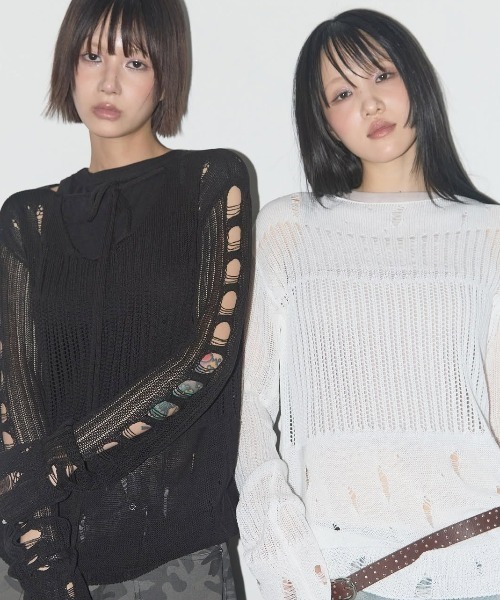 ニット セーター A'GEM/9 × .kom 「 FANCY CLUB/ファンシークラブ」 2-WAY DAMAGE KNIT LONG SLEEV FANCY CLUB ニット セーター A'GEM/9 × .kom 「 CLUB/ファンシー
