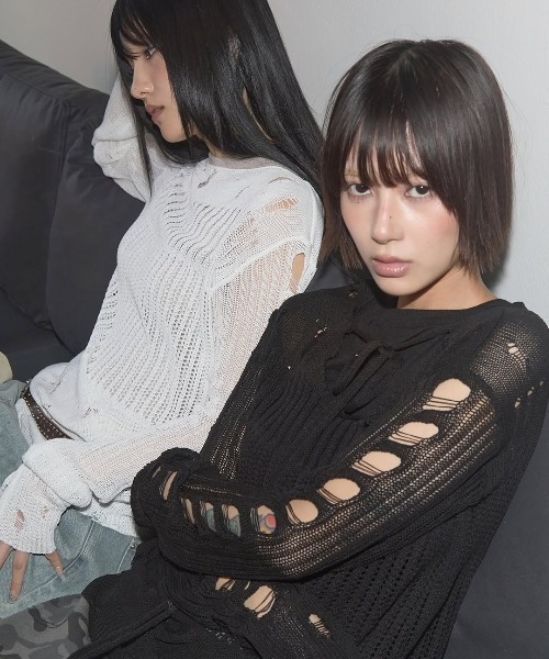 ニット セーター A'GEM/9 × .kom 「 FANCY CLUB/ファンシークラブ」 2-WAY DAMAGE KNIT LONG SLEEV A'GEM/9 × .kom 『 FANCY CLUB/ファンシークラブ』 2-WAY DAMAGE