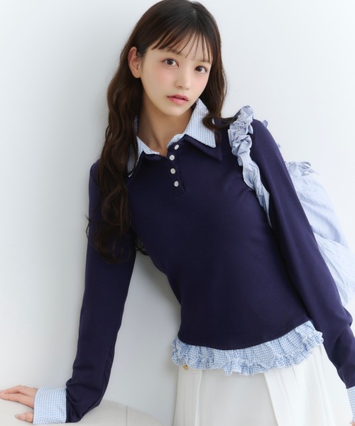 リュクス フリル トップス バイカラー トレンド 2色 きれいめ rienda ブラウス シャツ バイカラーフリルチュールブラウス 夏服