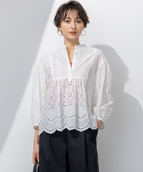 【美品】洗える コットンエンブロイダリー クロップド ブラウス ブラウス シャツ 「洗える」コットンエンブロイダリー クロップド