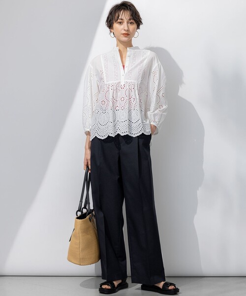 【美品】洗える コットンエンブロイダリー クロップド ブラウス ブラウス シャツ 「洗える」コットンエンブロイダリー クロップド