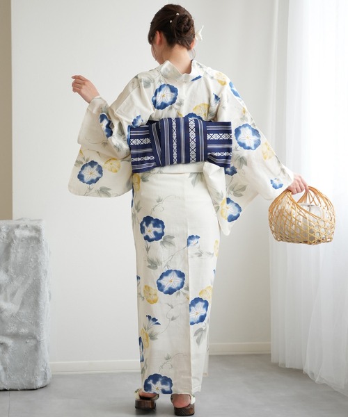 utatane 浴衣 浴衣3点セット クリームに黄色と青のぼかし朝顔