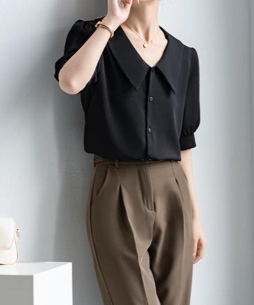 FAVORITO ブラウス シャツ 半袖 ビッグカラー×パフスリーブ シフォン