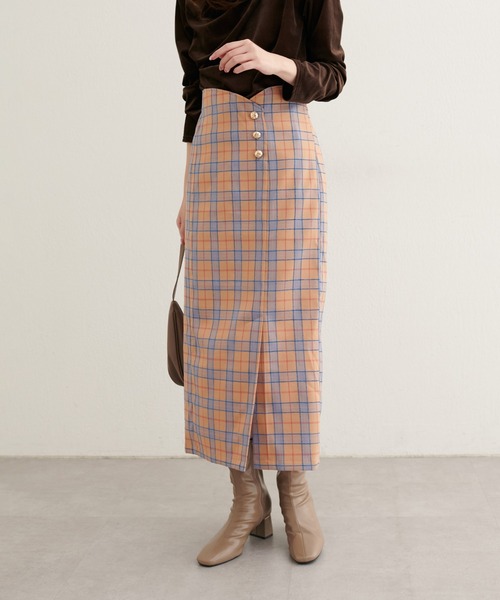 natural couture スカート デザイン釦ラップ風チェックスカート