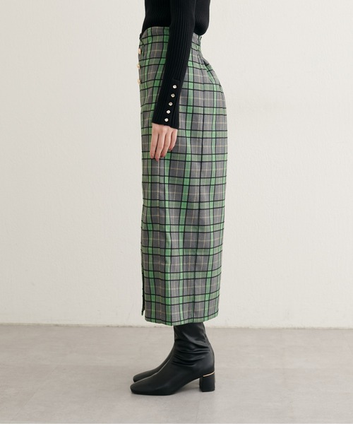 natural couture スカート デザイン釦ラップ風チェックスカート