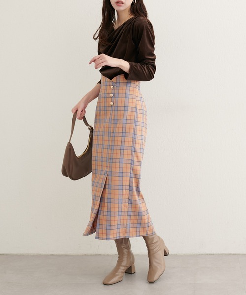 natural couture スカート デザイン釦ラップ風チェックスカート