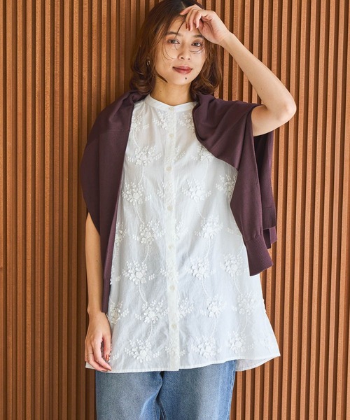 【美品】iCONOLOGY / 立体刺繍 マオカラーノースリーブブラウス studio CLIP（スタディオクリップ） ブラウス シャツ 3Dレース
