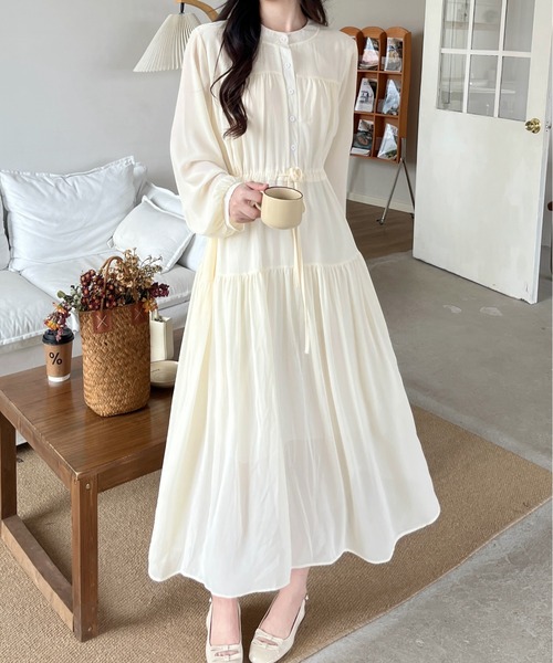 FINEnough ワンピース ヘンリーネックバンドカラーティアード