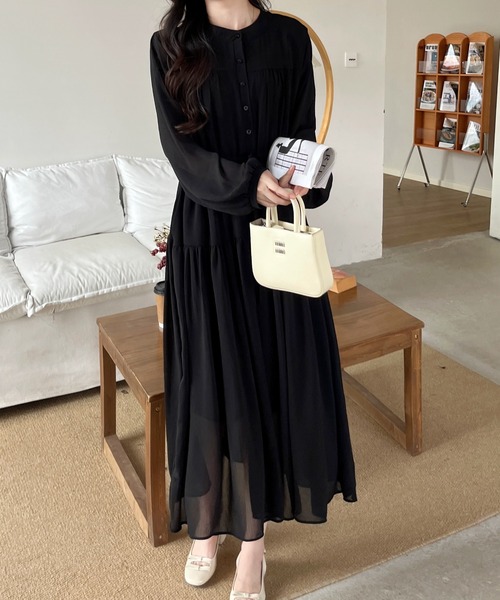 FINEnough ワンピース ヘンリーネックバンドカラーティアード