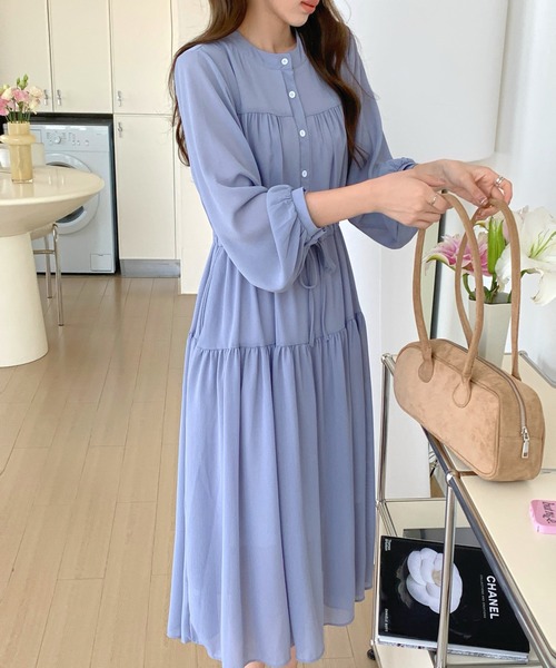 FINEnough ワンピース ヘンリーネックバンドカラーティアード