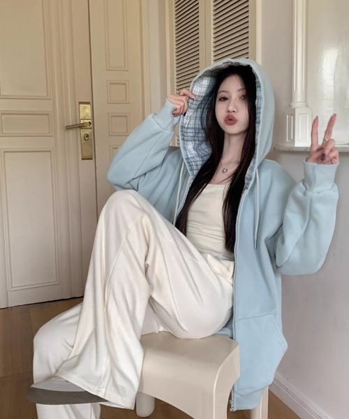 gossip!ロサンゼルス パーカー Y2K チェック柄フード付きジップ