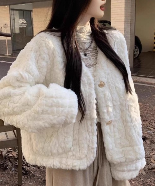ジャケット ノーカラージャケット もこもこ ノーカラーフェイクファー