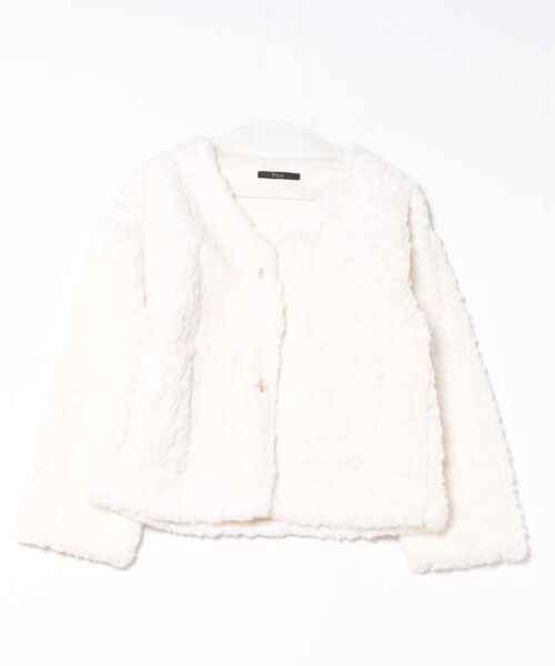 ホワイト ノーカラージャケット ファー風 ジャケット ノーカラージャケット もこもこ ノーカラーフェイクファー