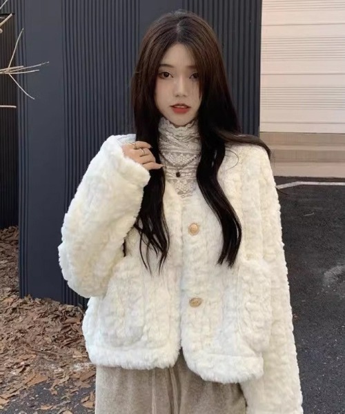 ジャケット ノーカラージャケット もこもこ ノーカラーフェイクファー