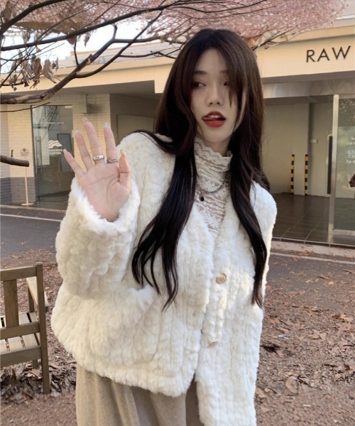 ジャケット ノーカラージャケット もこもこ ノーカラーフェイクファー