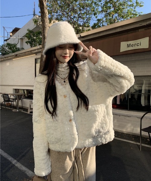 ジャケット ノーカラージャケット もこもこ ノーカラーフェイクファー