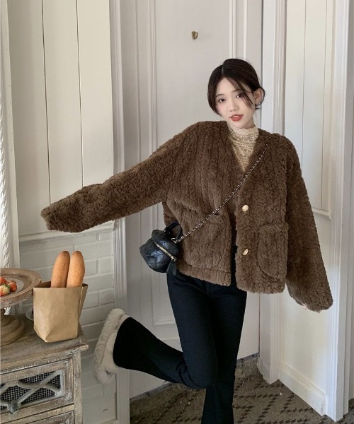 美品✨ビアッジョブルー レッキスファーショートジャケット ノーカラー ウール 美品✨ビアッジョブルー レッキスファーショートジャケット ノーカラー