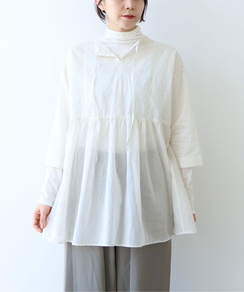 yuni ブラウス シャツ Cotton Polyester stripe tunic tiered 2way 