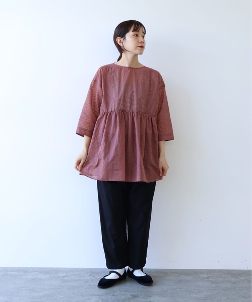 yuni ブラウス シャツ Cotton Polyester stripe tunic tiered 2way 