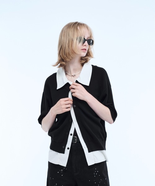 seyto サイズ2 / シャツレイヤードハーフスリーブニットポロシャツ ポロシャツ Shirt layered half sleeve knit polo shirt / シャツ