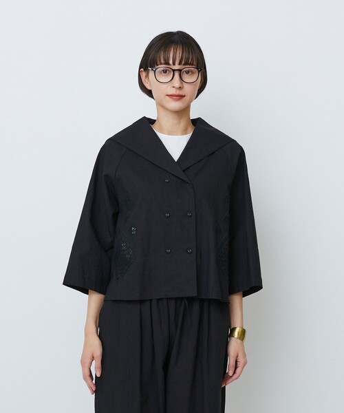 LOISIR リネンシャツ ブラウス シャツ コットンリネンクロス刺繍入り 