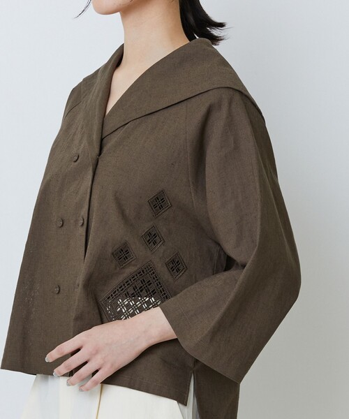 LOISIR リネンシャツ ブラウス シャツ コットンリネンクロス刺繍入り