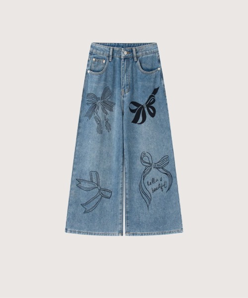 ワイドパンツ ジーンズ デニム デニムパンツ Ribbon Print Wide Denim Pants レディース