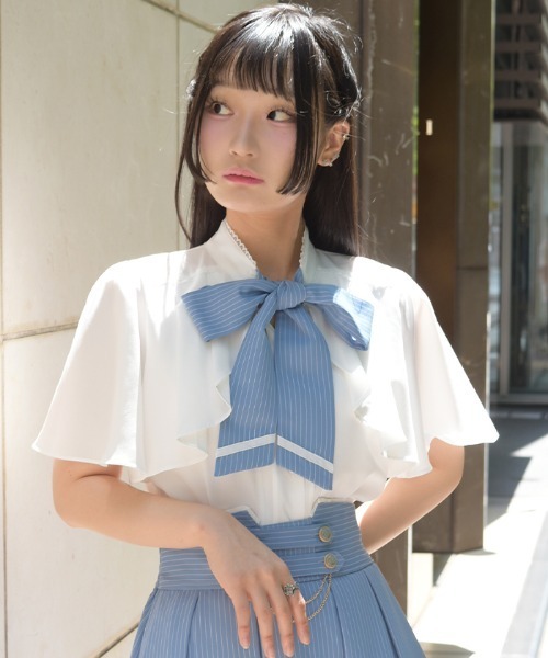 axes femme（アクシーズ ファム） ブラウス シャツ 半袖 リボン×フラシ 