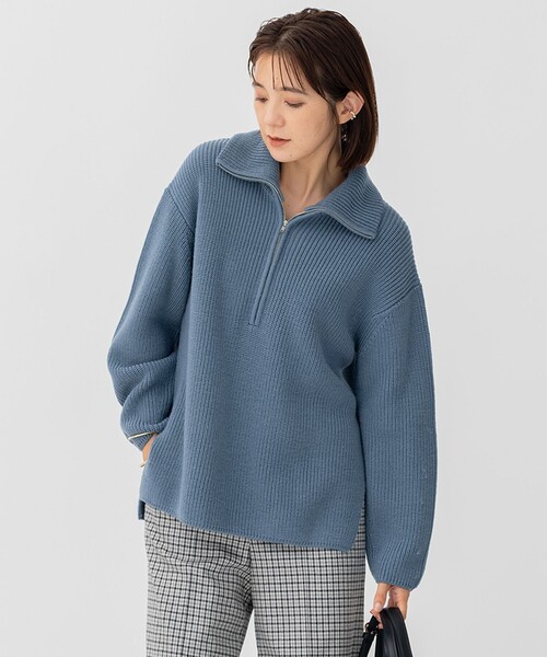 23区【洗える】ウールコード ハーフジップ ニット　アイボリー 洗える】ウールコード ハーフジップ ニット