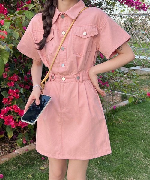 gossip!ロサンゼルス ワンピース ウエストマーク半袖デニムミニ