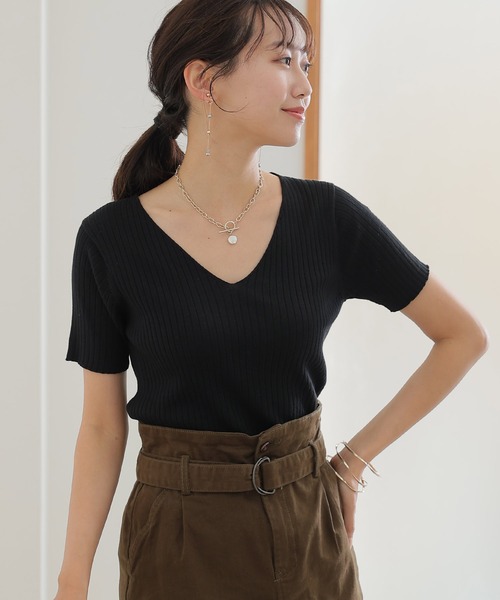 ElegChic ニット セーター Vネックハーフスリーブサマーニット
