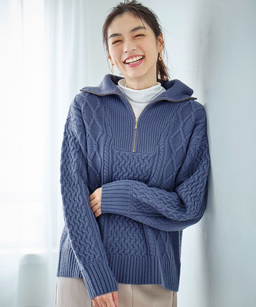 ANY（エニィ） ニット セーター ソフトアクリルハーフジップケーブル