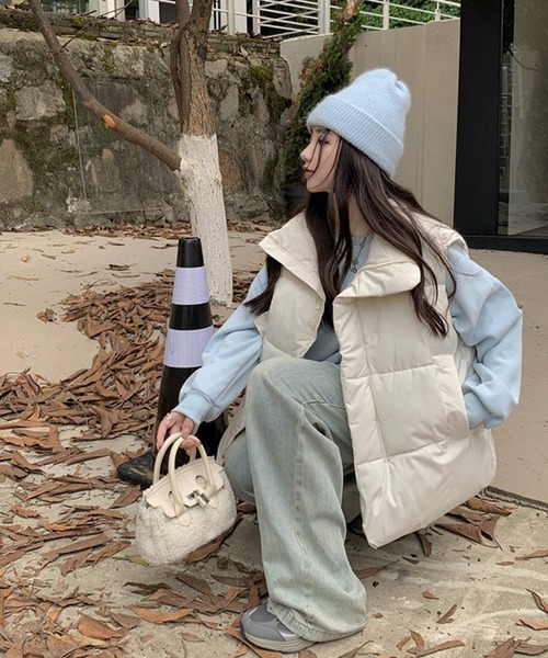 shopnikoniko ダウンベスト ベスト ハイネック ボリューム 中綿