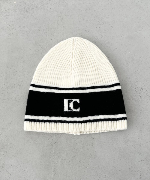 ニット帽 ホワイト/ブラック CLEA ニット帽 ニットキャップ モノトーンロゴビーニー レディース