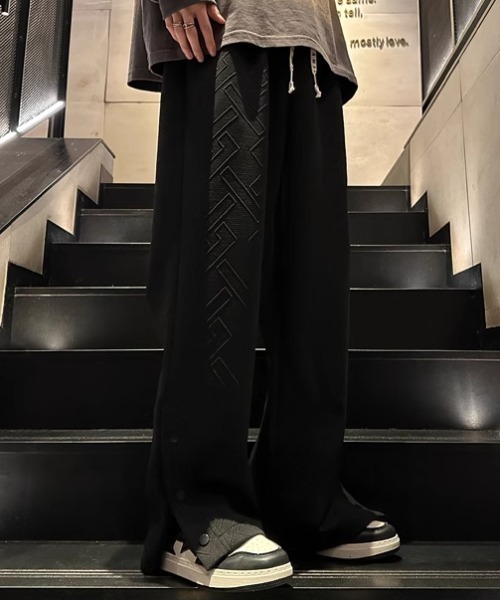 パンツ スナップボタン付きスリットワイドレッグカジュアルパンツ 