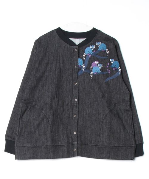 Emago（イマゴ） カーディガン 裏起毛デニムあらいぐま刺繍カーデ 