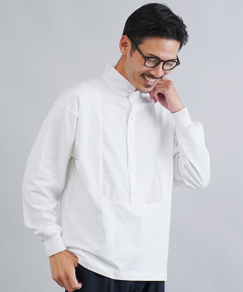 ホワイトスタンドカラーシャツ オーバーサイズ JIGGYS SHOP（ジギーズショップ） シャツ カットコンビスタンドカラー