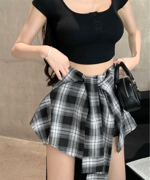 チェック柄ショートパンツ パンツ 腰巻き シャツ風 チェック柄 ショートパンツ レディース