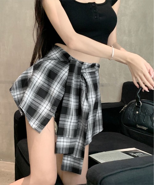 パンツ 腰巻き シャツ風 チェック柄 ショートパンツ レディース