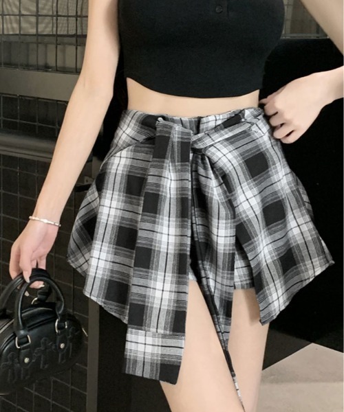 パンツ 腰巻き シャツ風 チェック柄 ショートパンツ レディース